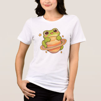 Camiseta Ilustração do espaço de Saturno com sapo Kawaii fo
