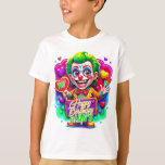 Camiseta Ilustração do Joker Clawn Birthday Kids Gifts<br><div class="desc">Aniversário brilhante e alegre,  temático palhaço,  com um palhaço feliz,  com balões em forma de coração e um presente. Cercado por corações coloridos,  esta design vibrante traz uma vibração festiva e brincalhona a qualquer celebração!</div>