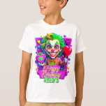 Camiseta Ilustração do Joker Clawn Birthday Kids Gifts<br><div class="desc">Aniversário brilhante e alegre,  temático palhaço,  com um palhaço feliz,  com balões em forma de coração e um presente. Cercado por corações coloridos,  esta design vibrante traz uma vibração festiva e brincalhona a qualquer celebração!</div>