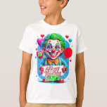 Camiseta Ilustração do Joker Clawn Birthday Kids Gifts<br><div class="desc">Aniversário brilhante e alegre,  temático palhaço,  com um palhaço feliz,  com balões em forma de coração e um presente. Cercado por corações coloridos,  esta design vibrante traz uma vibração festiva e brincalhona a qualquer celebração!</div>