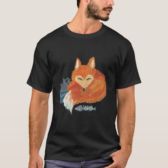 Camiseta ilustração em acrílico de uma raposa dormindo com  (Frente)