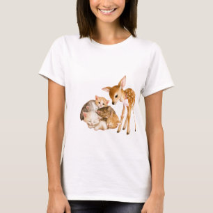 Camiseta Ilustração em Aquarela de Bebê Veado Fofo e Gatinh