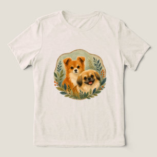 Camiseta Ilustração em Aquarela de Cachorro Pomchi e Peking
