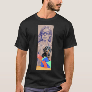 Camiseta Ilustração em Mídia Mista de uma Mulher e Dachshun