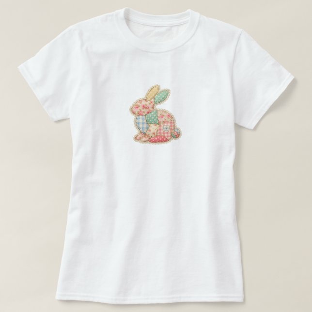 Camiseta Ilustração Encantadora de Coelho em Patchwork (Frente do Design)