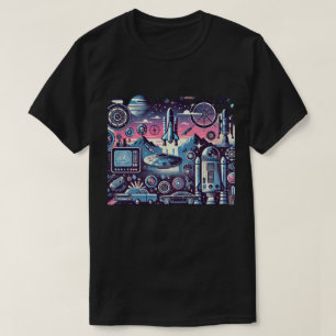 Camiseta Ilustração Espacial Futurista Retro com Foguetes