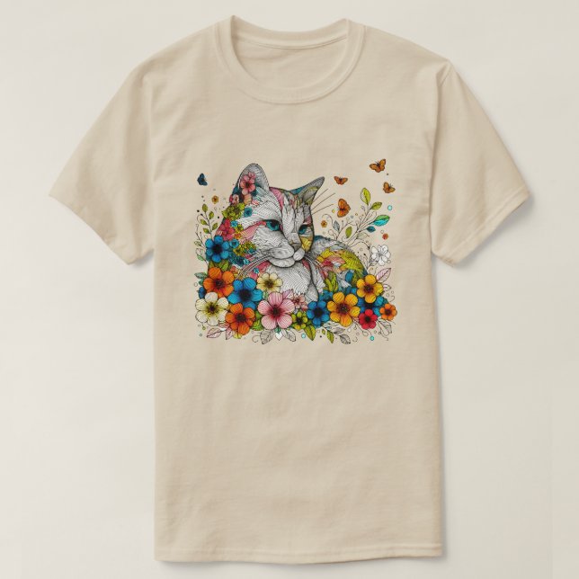 Camiseta Ilustração Estilizada de Borboletas de Gato (Frente do Design)