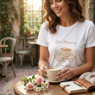 Camiseta Ilustração Floral e Café em Aquarela Aconchegante
