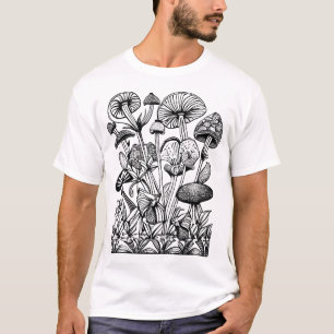 Camiseta Ilustração Floral e Cogumelo