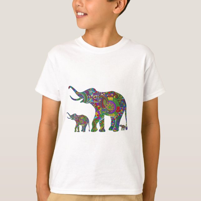Camiseta Ilustração Floral Elefante Brilhante Tons Colorido (Frente)