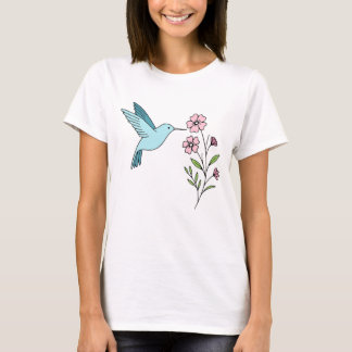 Camiseta Ilustração Floral Rosa-Rosa e Hummingbird