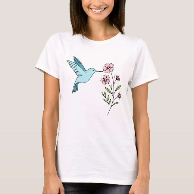 Camiseta Ilustração Floral Rosa-Rosa e Hummingbird (Frente)