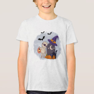 Camiseta Ilustração Fofa de Múmia de Halloween e Gata Preta