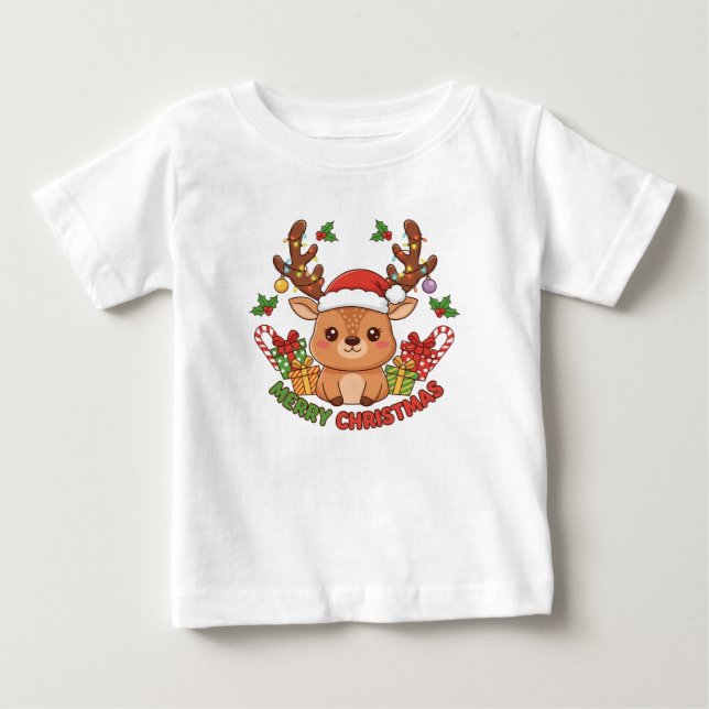 Camiseta Ilustração Fofa de Rena de Natal (Frente)