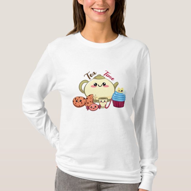 Camiseta Ilustração Fofa Kawaii Hora do Chá e Doces (Frente)