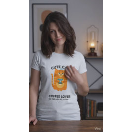 Camiseta Ilustração Kawaii de Gato Fofo Amante de Café