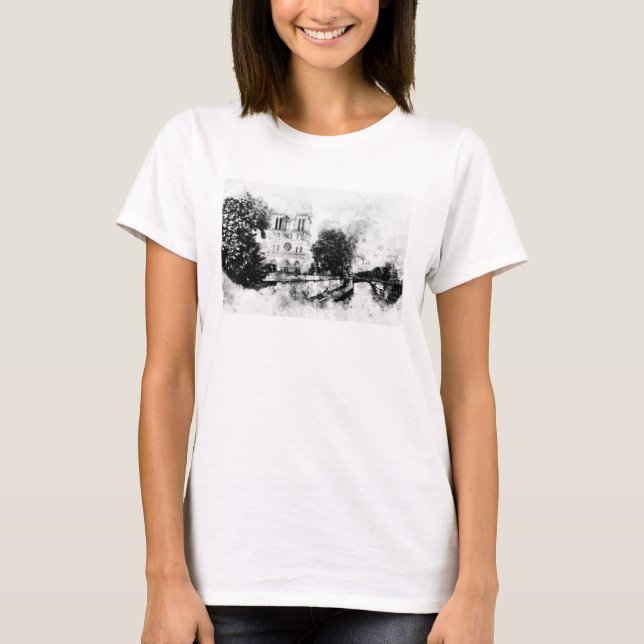 Camiseta Ilustração Monocromática da Catedral de Notre-Dame (Frente)