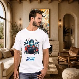 Camiseta Ilustração Musical de Personagem de Baterista Azul