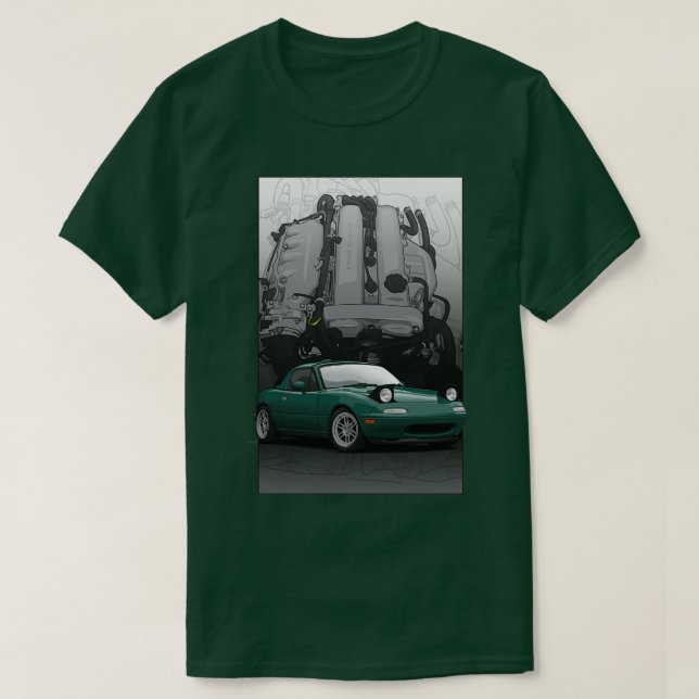 Camiseta Ilustração Mx5 Miata NA MK1 com motor BP18 (Frente do Design)