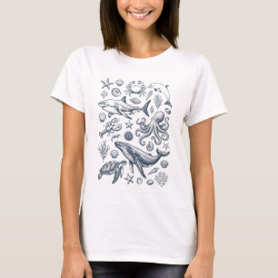 Camiseta Ilustração Náutica de Vida Marinha Vintage