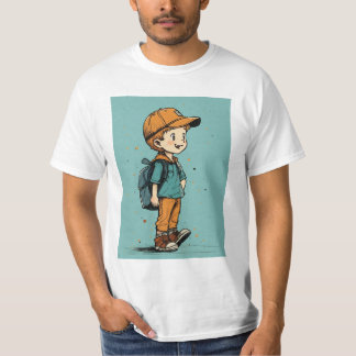 Camiseta Ilustração Reproduzida de um Menino com Backpac