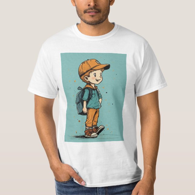 Camiseta Ilustração Reproduzida de um Menino com Backpac (Frente)