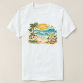 Camiseta Ilustração Retro da Praia Tropical ao Pôr do Sol |