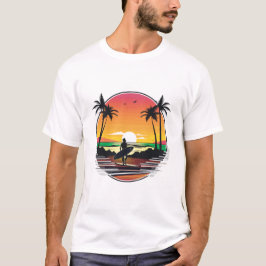 Camiseta Ilustração Retro Tropical de Pôr do Sol na Praia d