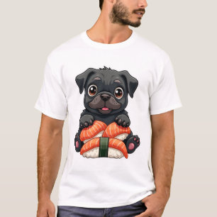 Camiseta Ilustração Vetorial de Cartoon de Sushi de Pug Pre