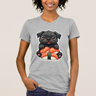 Camiseta Ilustração Vetorial de Cartoon de Sushi de Pug Pre