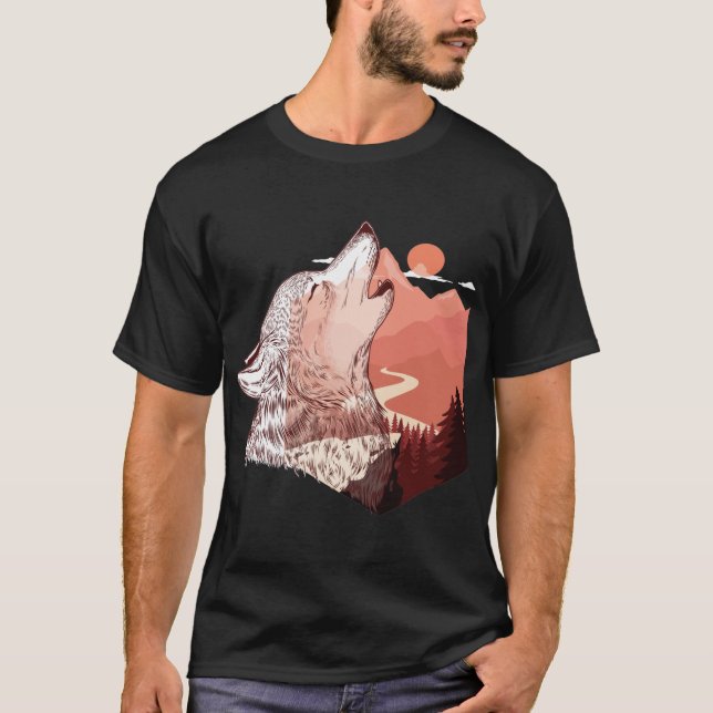 Camiseta Ilustração vetorial de um lobo uivante Paisagem (Frente)