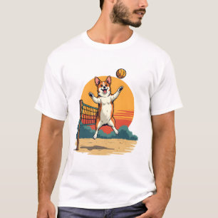 Camiseta Ilustração Vetorial de Volei de Praia Corgi Vintag