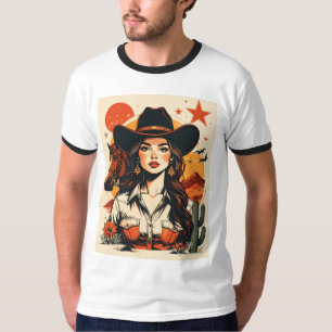 Camiseta Ilustração Vintage de Cowgirl Western ao Pôr do So