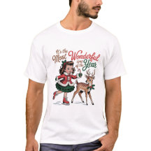 Ilustração Vintage de Menina de Natal e Rena