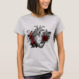 Camiseta Ilustração Vintage Heart com rosas vermelhas de 