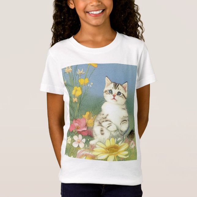 Camiseta Ilustração Vintage Kitten com Flores Amarelas (Frente)