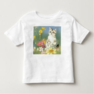 Camiseta Ilustração Vintage Kitten com Flores Amarelas