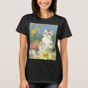 Camiseta Ilustração Vintage Kitten com Flores Amarelas