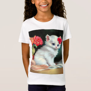 Camiseta Ilustração Vintage White Kitten com Flores Vermelh