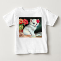 Ilustração Vintage White Kitten com Flores Vermelh