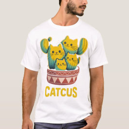 Camiseta Ilustrada com Piada de Gato Cactus Engraç