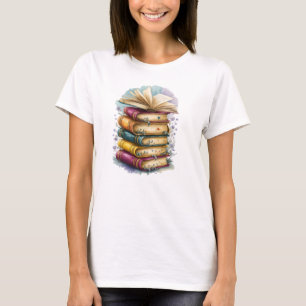 Camiseta Ilustrada com Pilha de Livros Vintage Cap