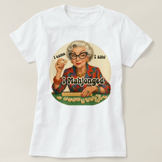 Camiseta Ilustrada de Avó Jogadora de Mahjong Engr (Frente do Design)