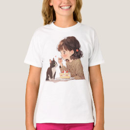 Camiseta Ilustrada de Menina Alimentando Gato | An