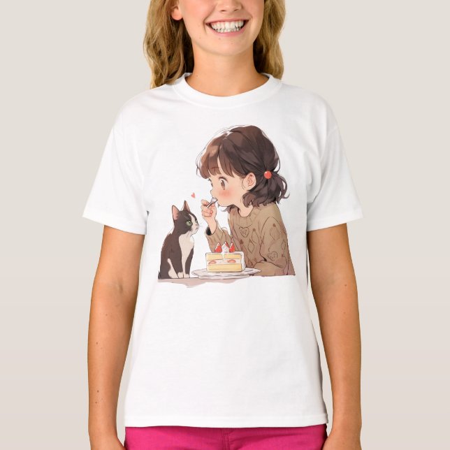Camiseta Ilustrada de Menina Alimentando Gato | An (Frente)