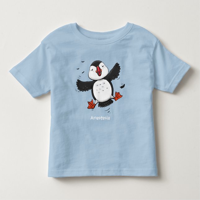 Camiseta Imagem azul de desenho animado de puffin voador e  (Frente)
