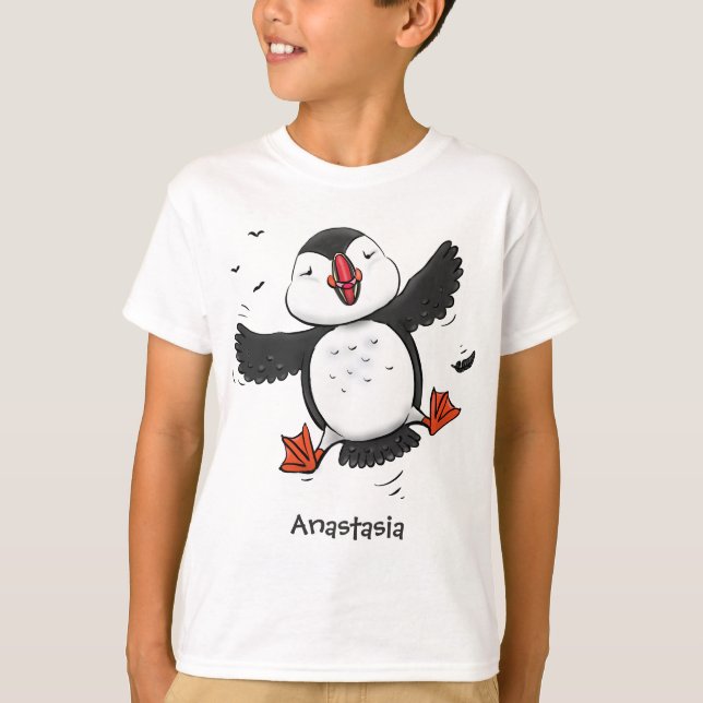 Camiseta Imagem azul de desenho animado de puffin voador e  (Frente)