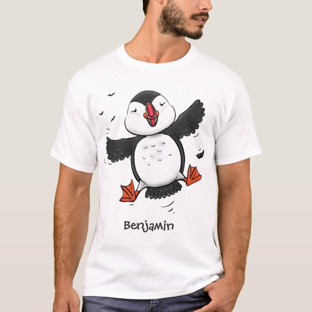 Camiseta Imagem azul de desenho animado de puffin voador e  (Frente)