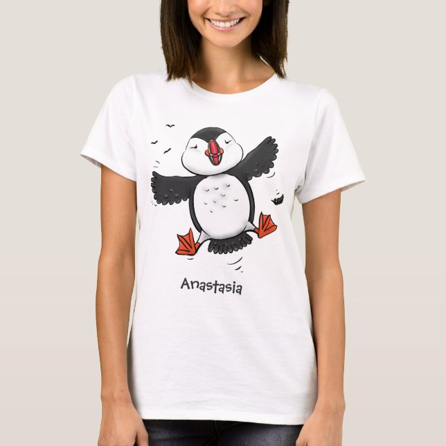 Camiseta Imagem azul de desenho animado de puffin voador e  (Frente)