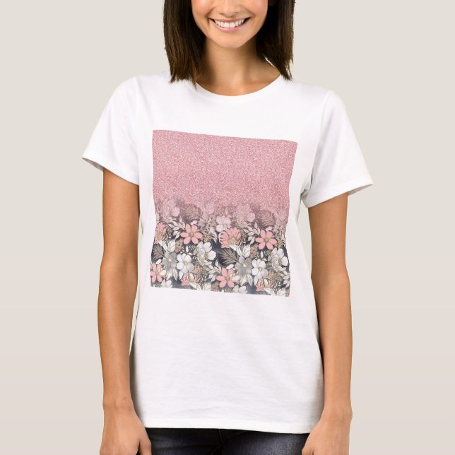 Camiseta Imagem brilhante Dourada floral cor-de-rosa elegan (Frente)